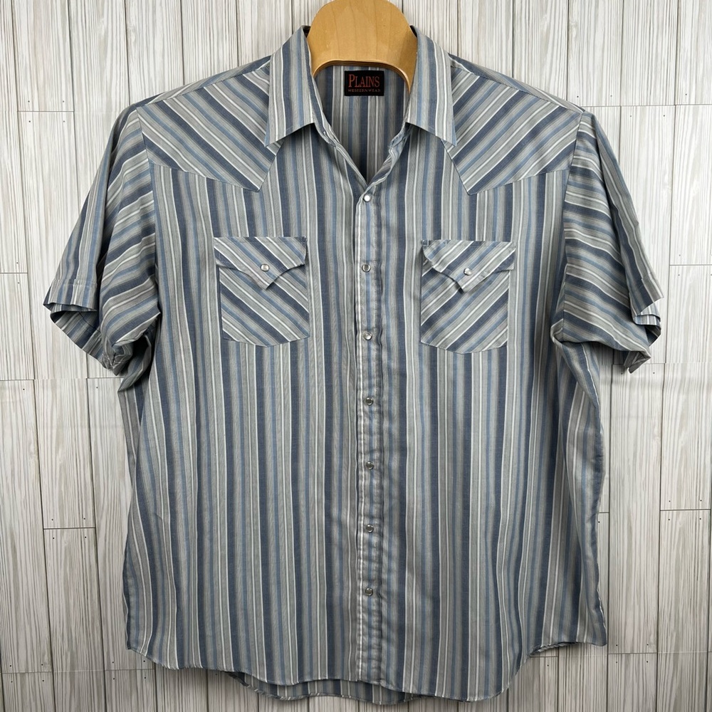 Plains Men's Short‎ Sleeve Stripe Western Shirt Pearl Snaps Grey Blue Size 2X